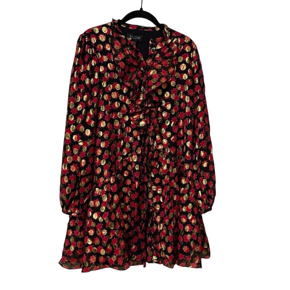 Saloni Red Gold Silk Tilly Floral Print Polka Dot Mini Dress Size 4 - Picture 3 of 7
